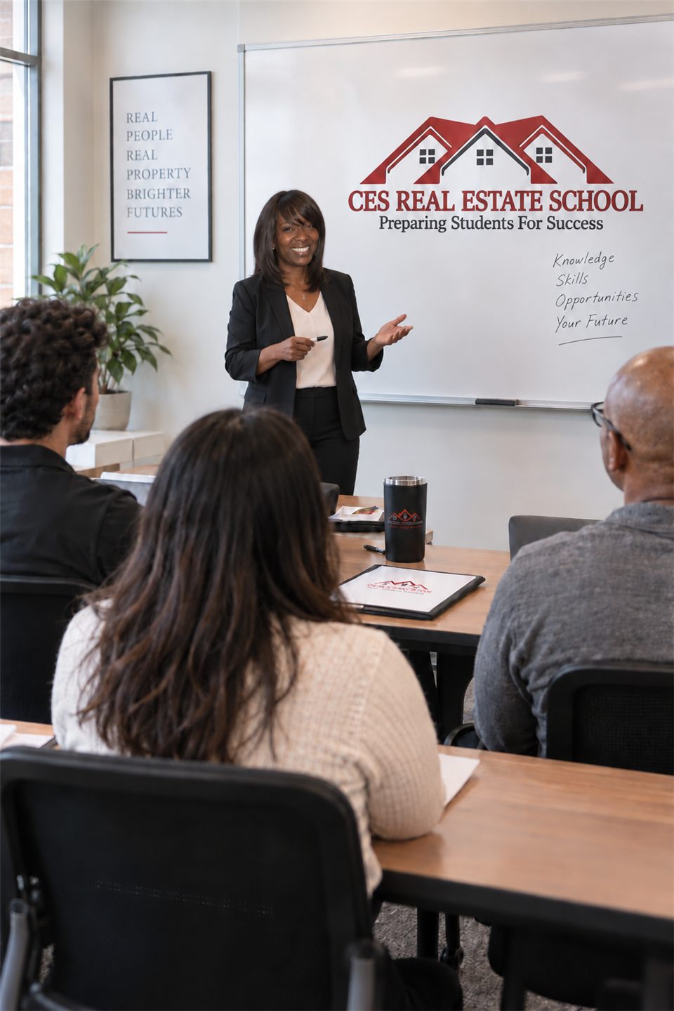 AI-created illustration of Charlotte Saulter teaching adult students at CES Real Estate School AI-created illustration of Charlotte Saulter teaching adult students at CES Real Estate School